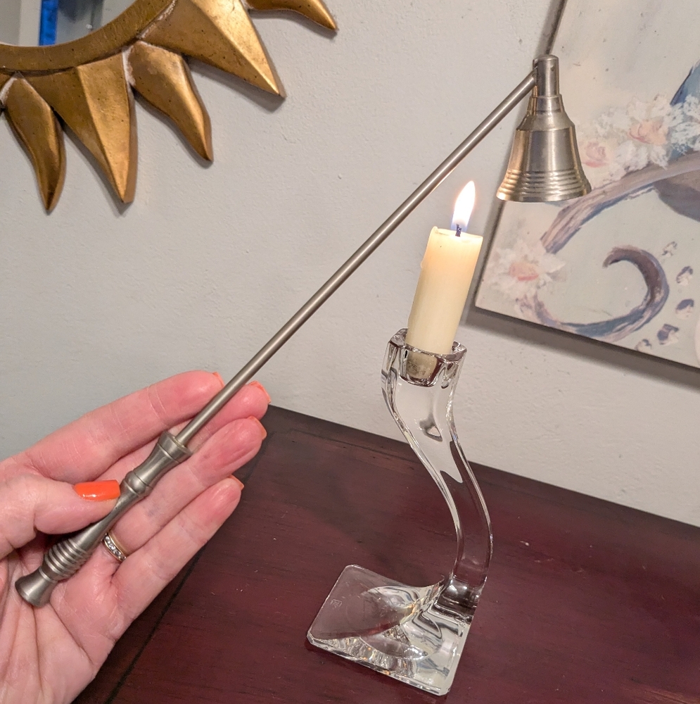 Vintage Pewter Metal Candle Flame Snuffer Pivot Head Silver Tone 12" Ribbed EUC